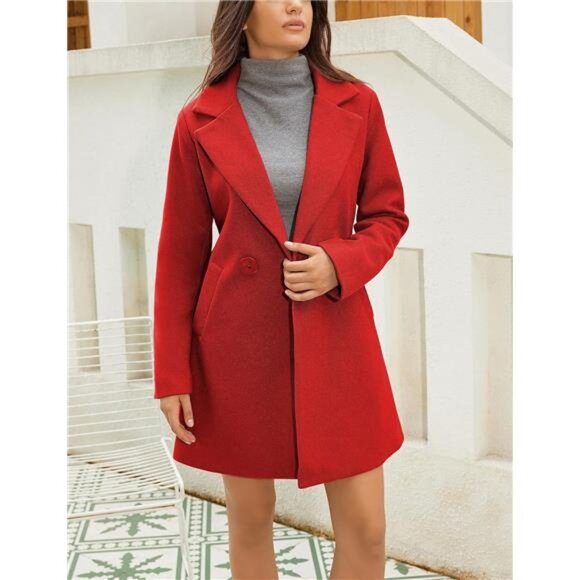 Women's Wool Pea Coat Notched Collar Double Breasted Red